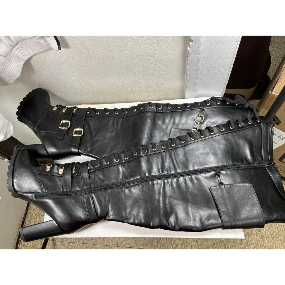 ShoeDazzle Elira Black Faux Leather Over Knee Lace Up Heeled Boots Womens 10